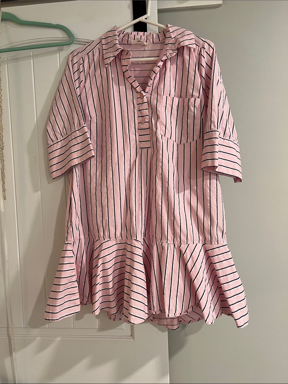 entro Pink and Black Striped Ruffle-Hem Mini Dress